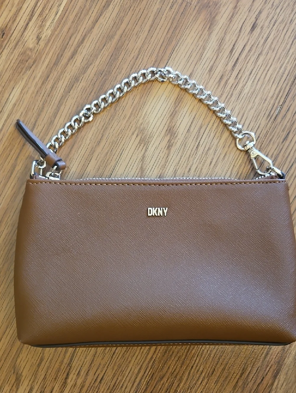 DKNY Brown Leather Wristlet with Gold Chain Handle
